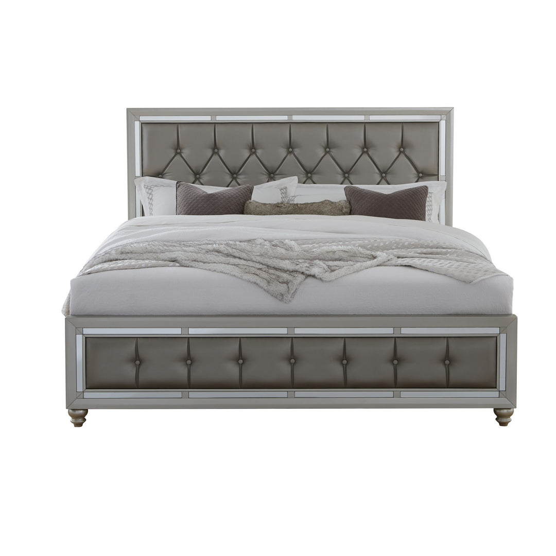 Silver Champagne Tone Queen Bed Padded Headboard Padded Footboard Mirror Trim Accents