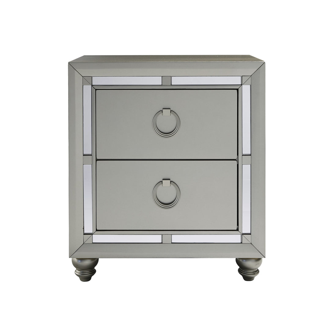 Silver Champagne Tone Nightstand With 2 Drawer Mirror Trim Accent