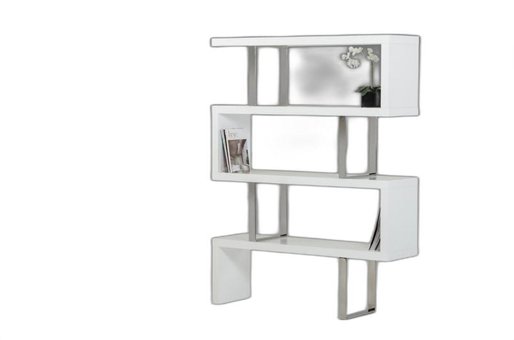 67" White Stainless Steel Four Tier Geometric Bookcase