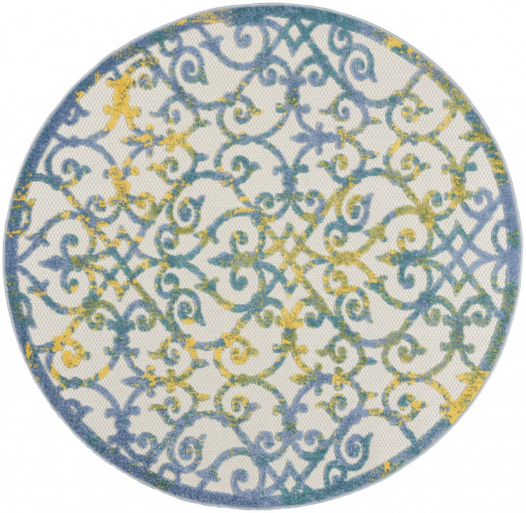 4' Round Ivory And Blue Round Floral Indoor Outdoor Area Rug