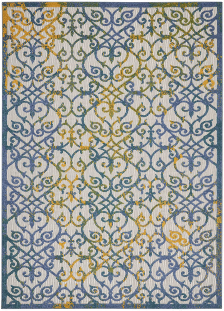 7' X 10' Ivory And Blue Floral Indoor Outdoor Area Rug