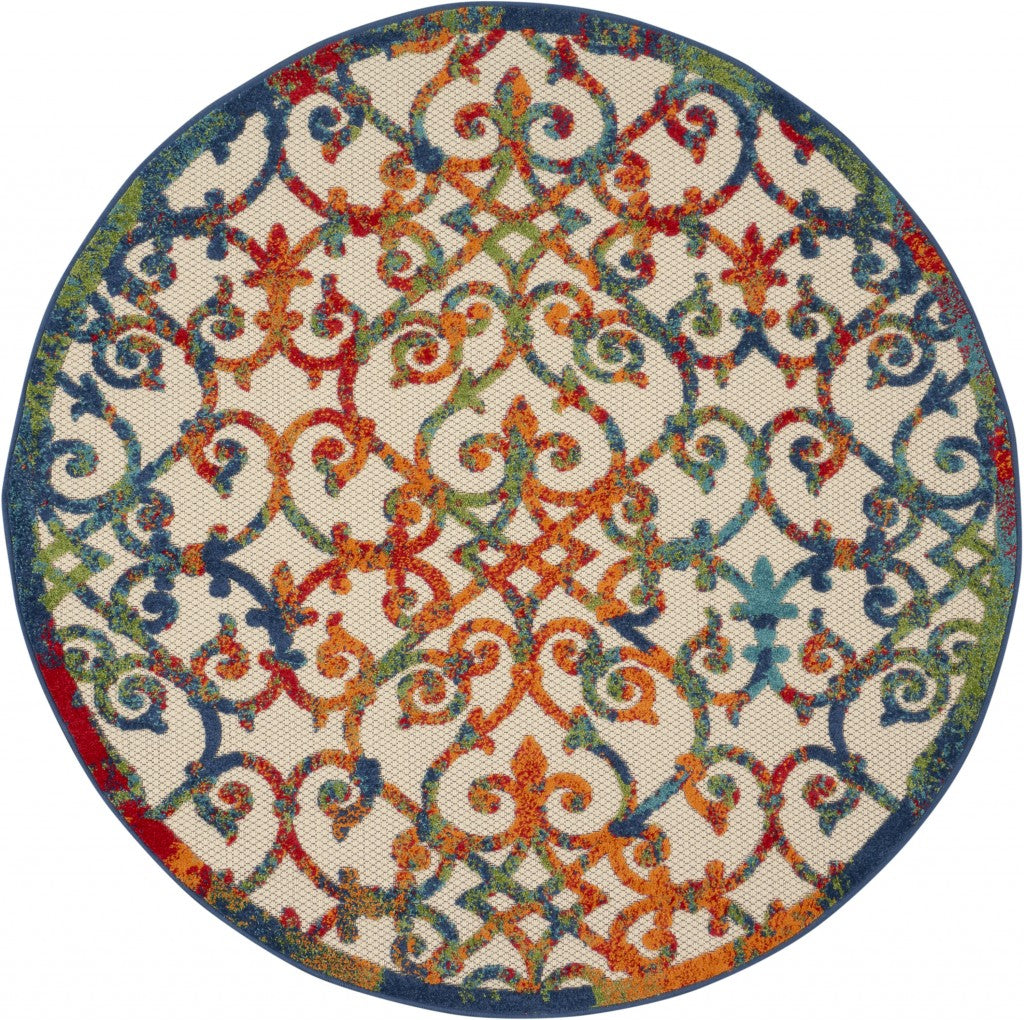 4' Round Ivory And Blue Round Floral Indoor Outdoor Area Rug