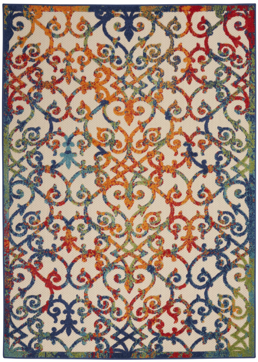 7' X 10' Ivory And Blue Floral Indoor Outdoor Area Rug