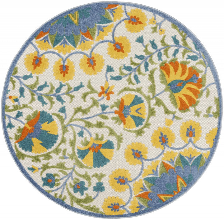 4' Round Ivory And Blue Round Floral Indoor Outdoor Area Rug