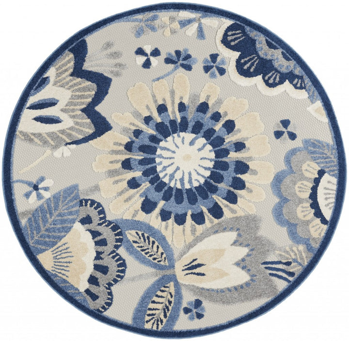 4' Round Blue And Gray Round Floral Indoor Outdoor Area Rug