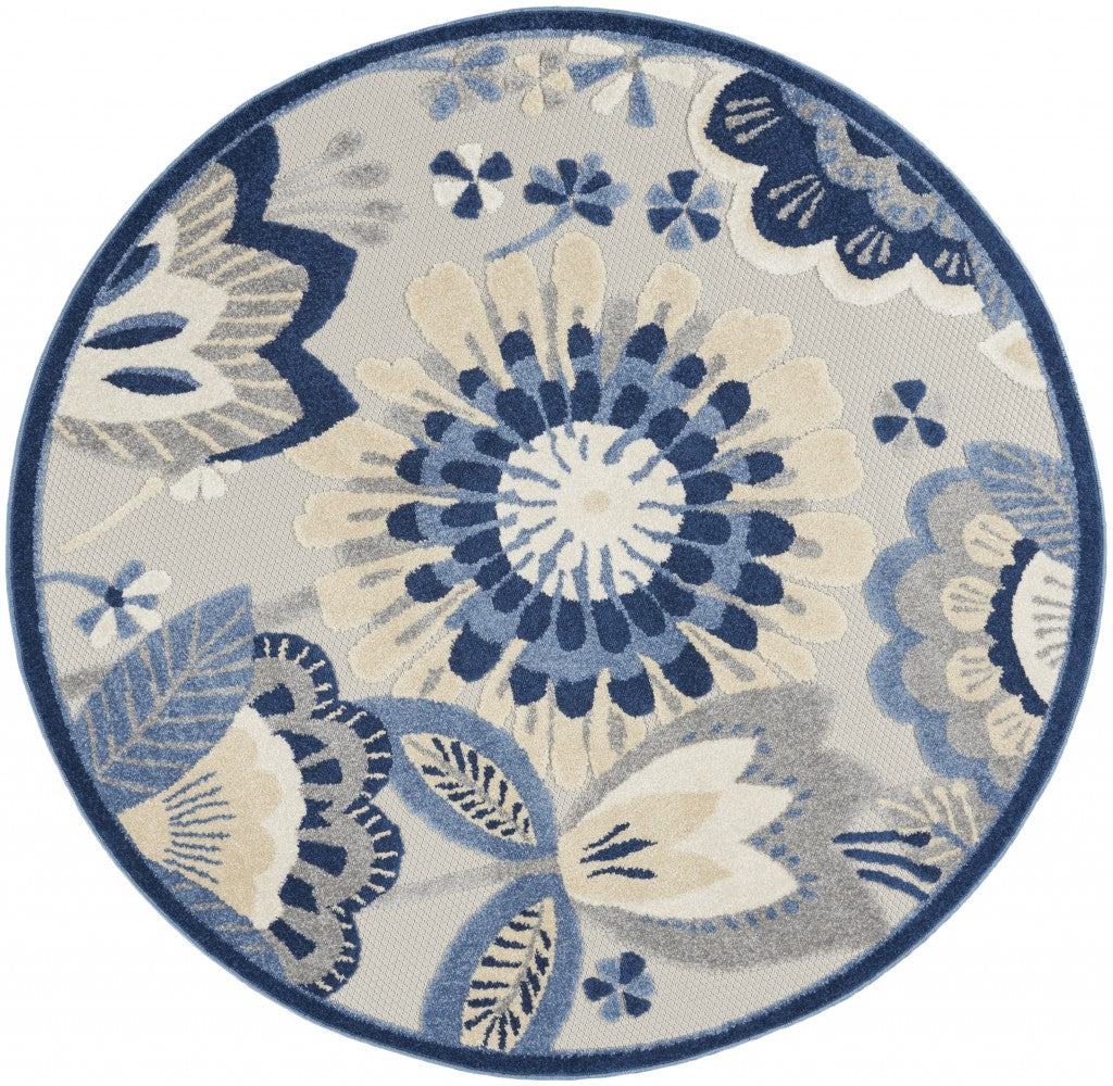 4' Round Blue And Gray Round Floral Indoor Outdoor Area Rug