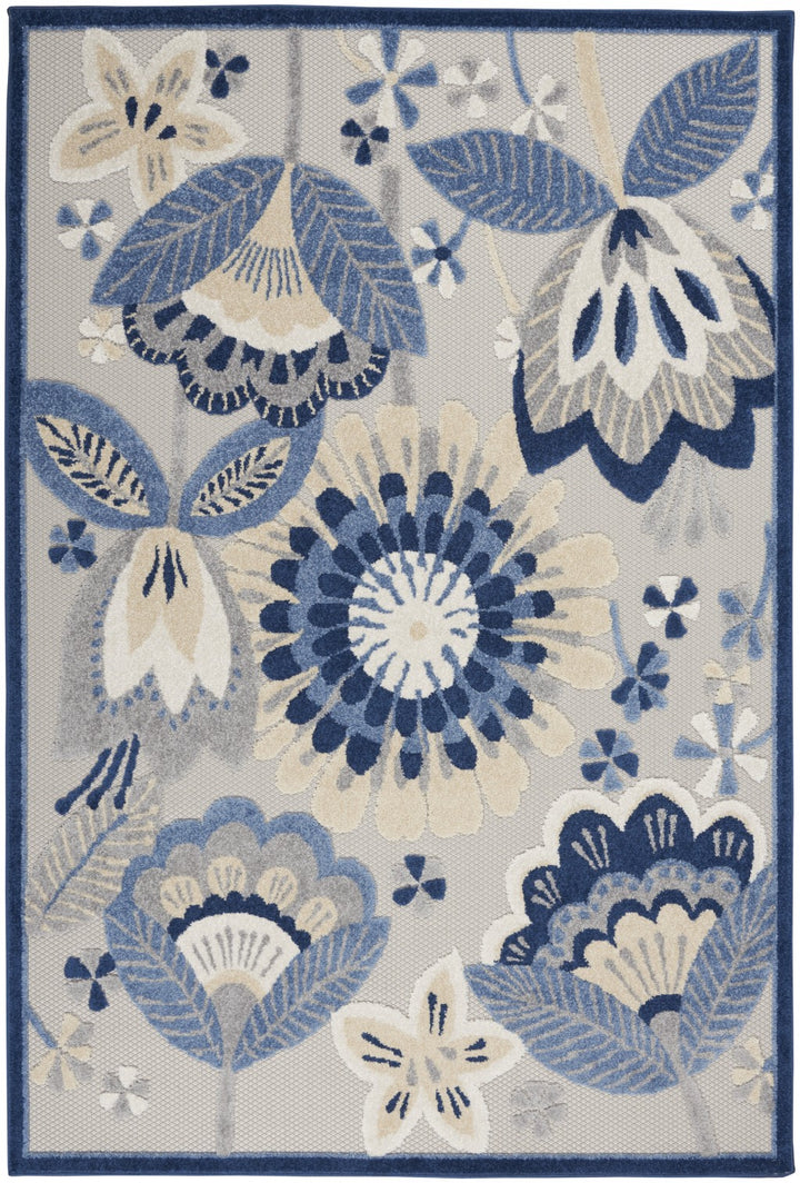 5' X 8' Blue And Gray Floral Indoor Outdoor Area Rug