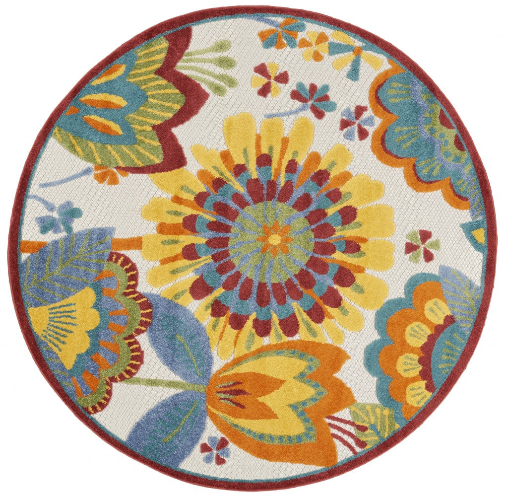 4' Round Yellow And Ivory Round Floral Indoor Outdoor Area Rug