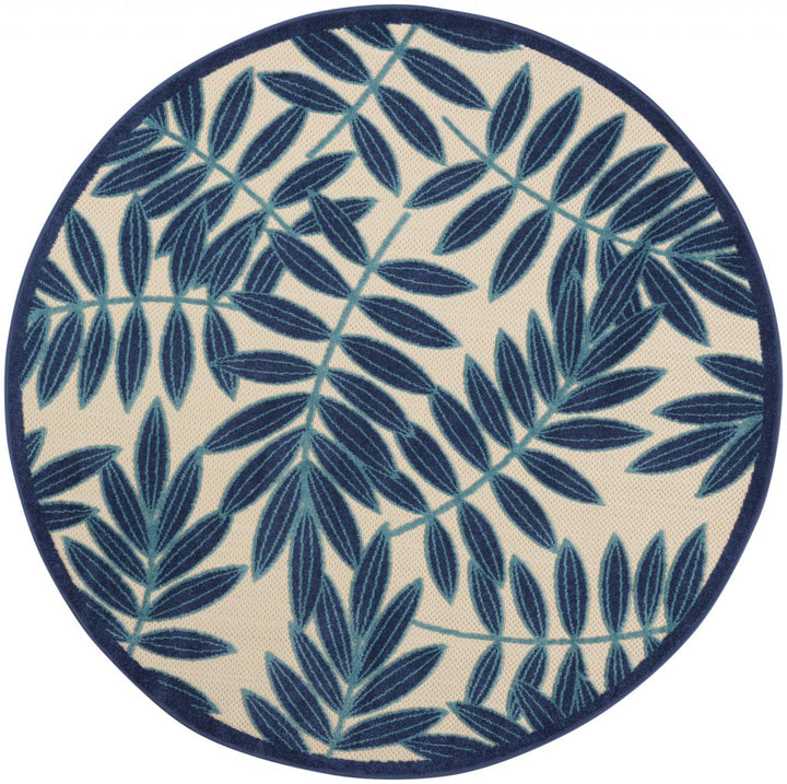 4' Round Blue And Ivory Round Floral Indoor Outdoor Area Rug