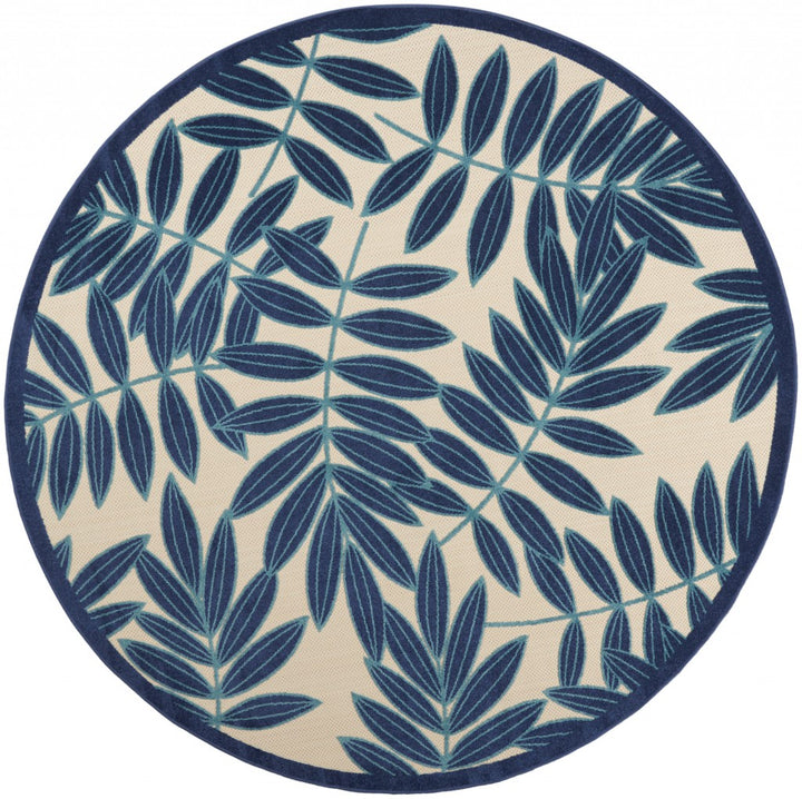 8' Round Blue And Ivory Round Floral Stain Resistant Indoor Outdoor Area Rug