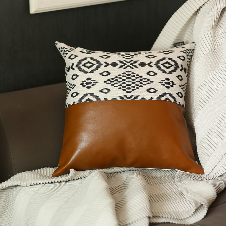 Warm Brown Faux Leather And Boho Abstract Pillow Cover