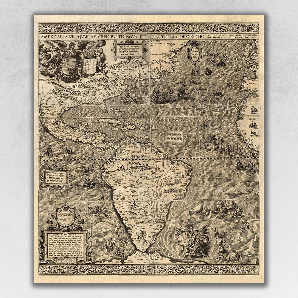 Vintage 1562 Map Of Early Americas Unframed Print Wall Art