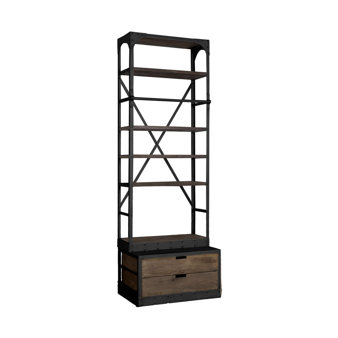 94" Black Iron Five Tier Standard Bookcase With Two Drawers