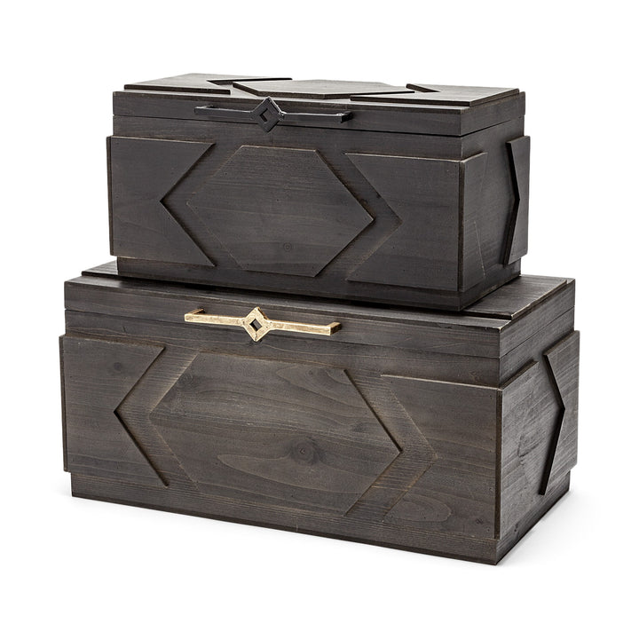 Set Of Two Brown Detailed Wooden Boxes