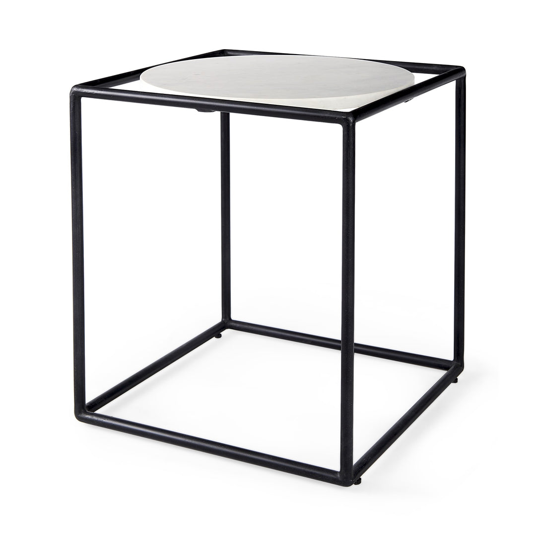 Suspended White Marble Black Metal Geo Side Table