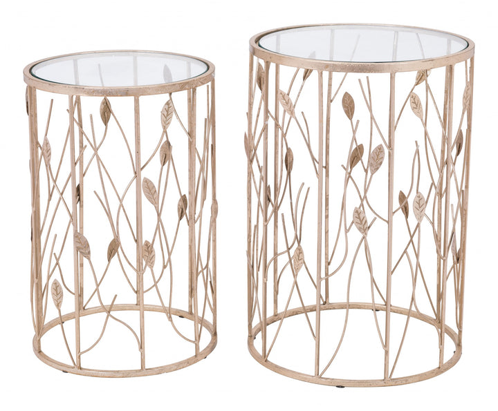 Set of Two Leaf Gold and Glass Side Tables