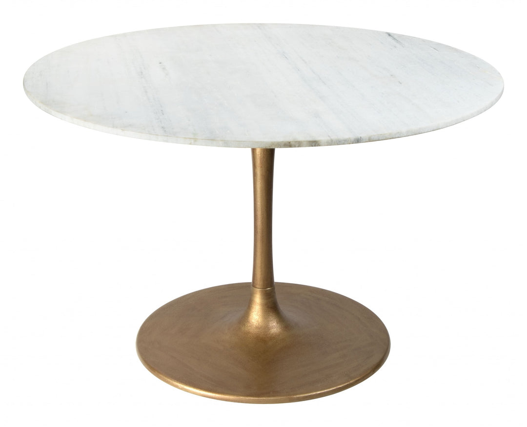 47" White Marble and Gold Round Pedestal Dining Table