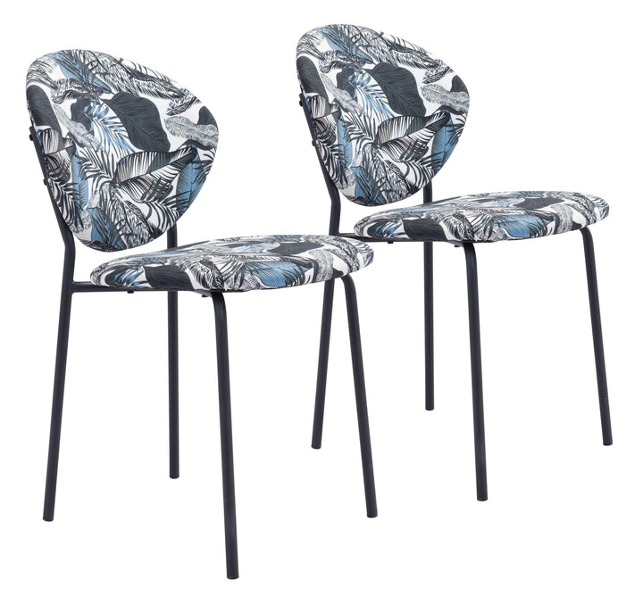 Set of Two Blue Black and White Tropical Design Dining or Side Chairs