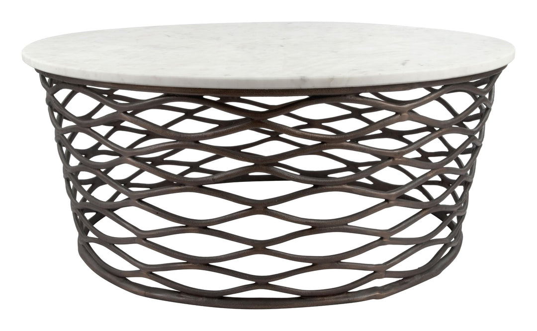 36" Antiqued Bronze And White Genuine Marble Round Coffee Table