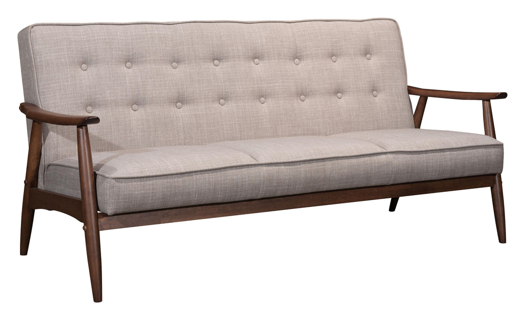 69" Taupe Beige Tufted Fabric And Brown Solid Wood Sofa