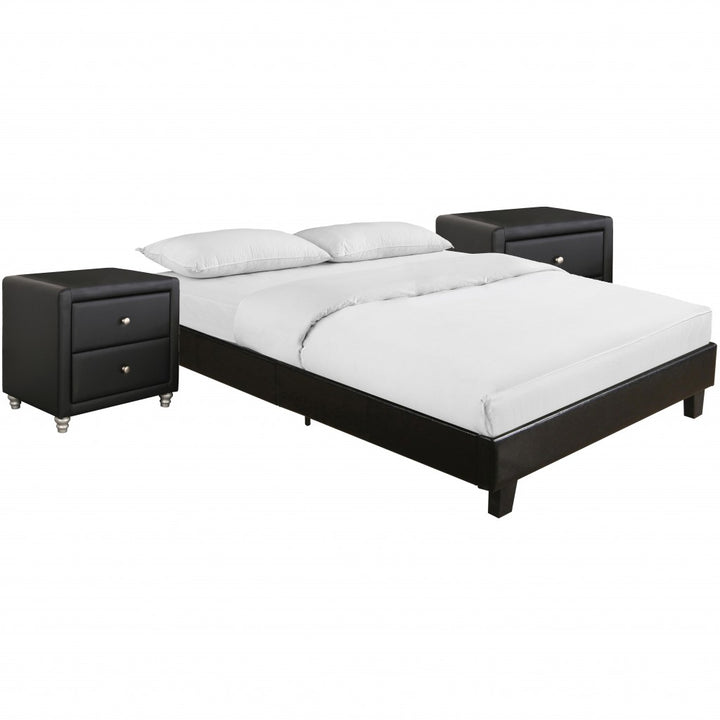 Black Platform Queen Bed with Two Nightstands