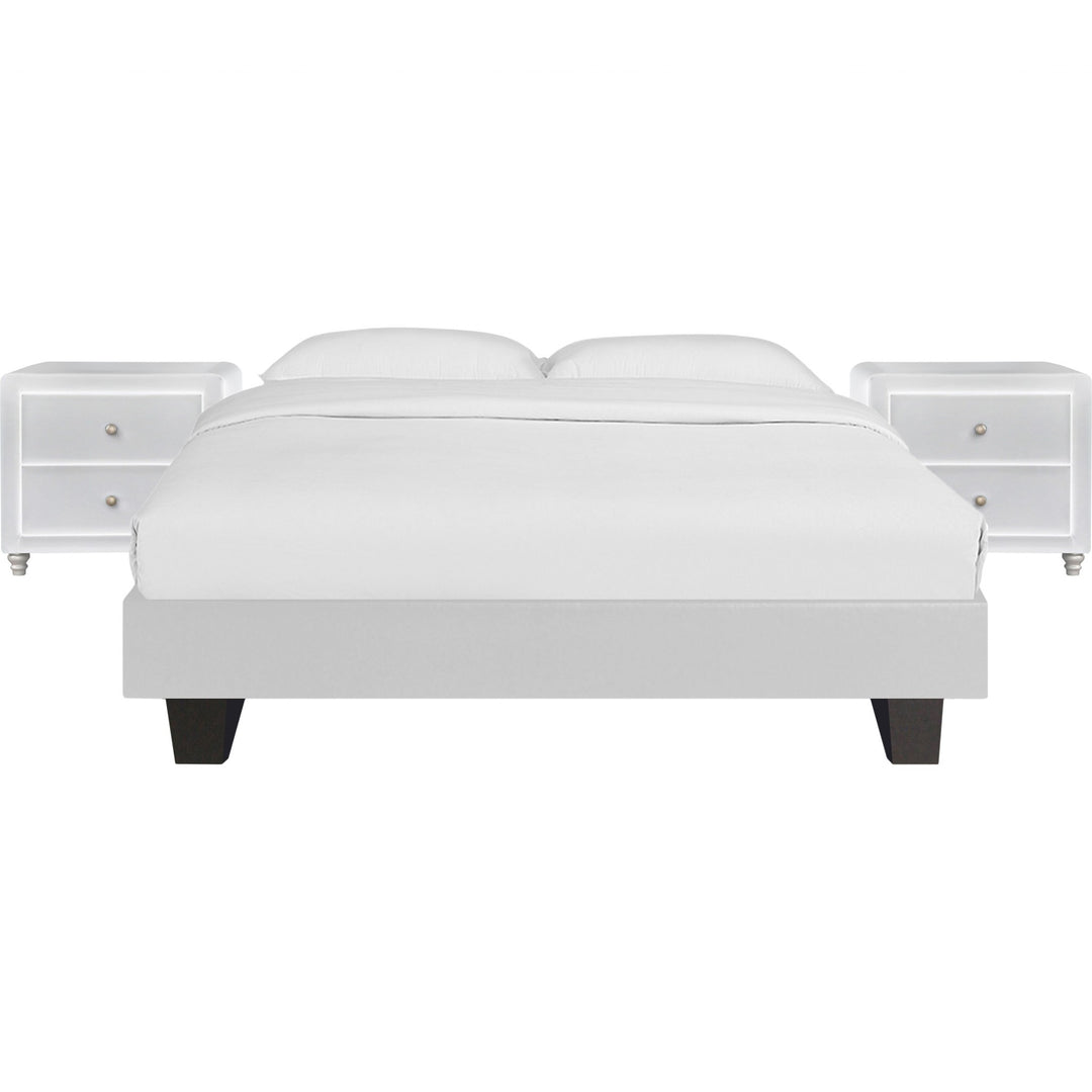 White Platform Queen Bed with Two Nightstands