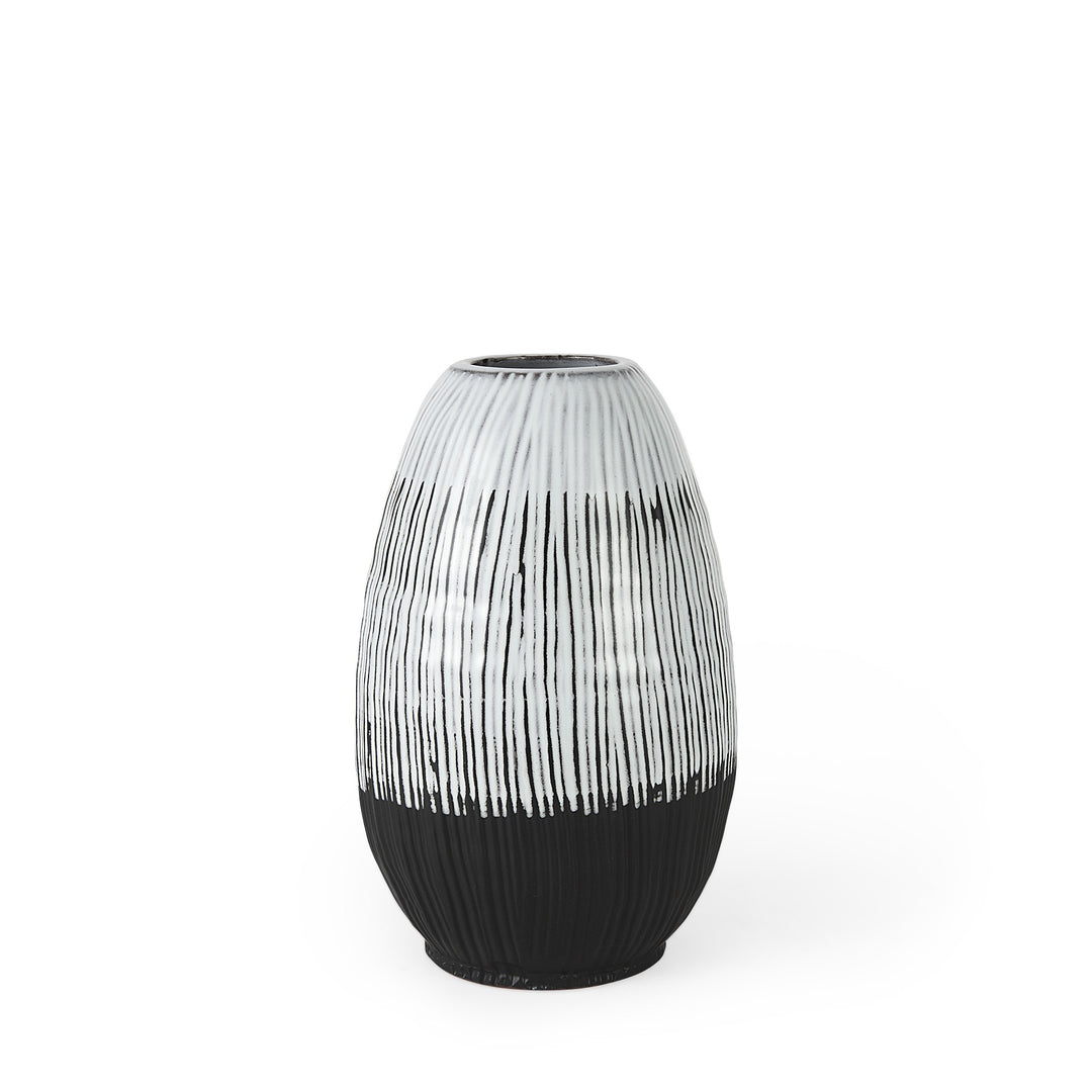 13" Black White and Gray Patterned Lines Ceramic Vase