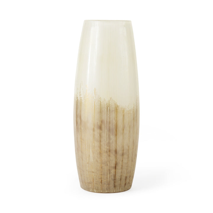 14" Creamy White and Gold Ombre Striped Glass Vase