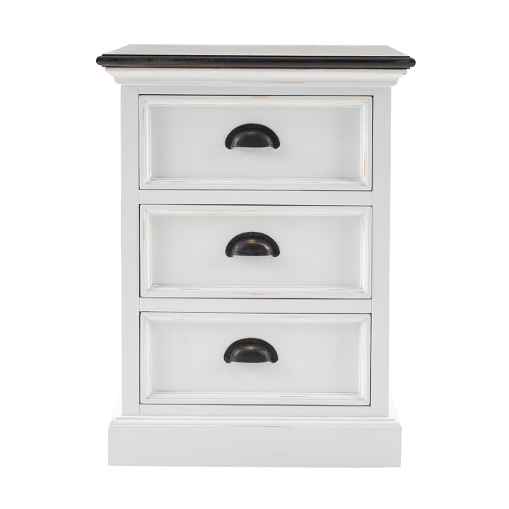 Distressed White and Deep Brown Three Drawer Nightstand