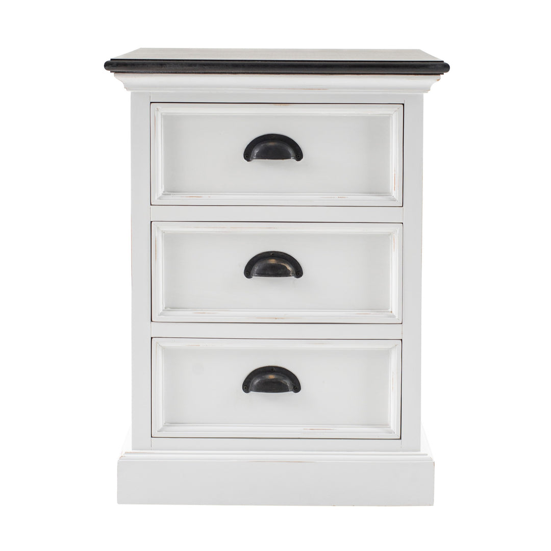 Distressed White and Deep Brown Three Drawer Nightstand