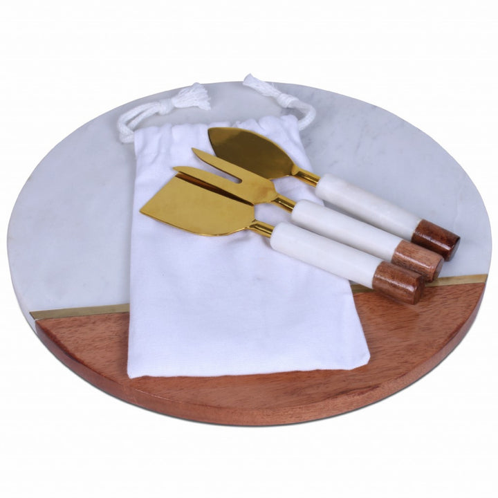 12"  Wood and Marble and Gold Cheese Board and Knife Set