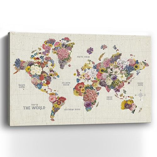 24" x 16" Fun Floral Map of the World Canvas Wall Art