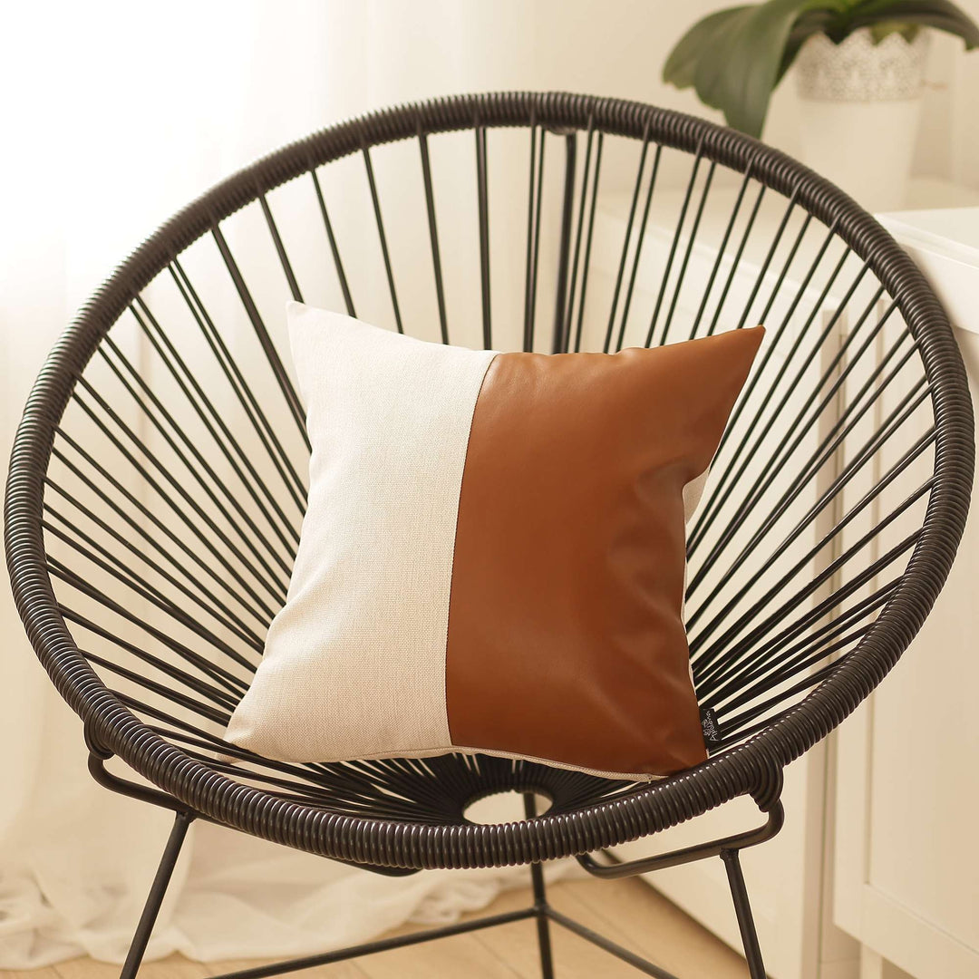 Two Toned White and Brown Faux Leather Pillow