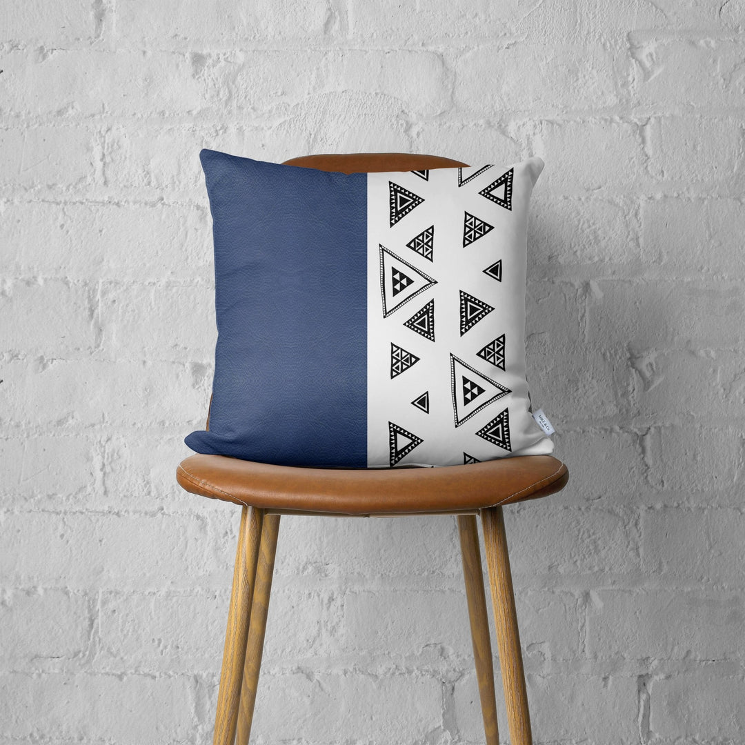 Navy Triangular Motifs Faux Leather Throw Pillow