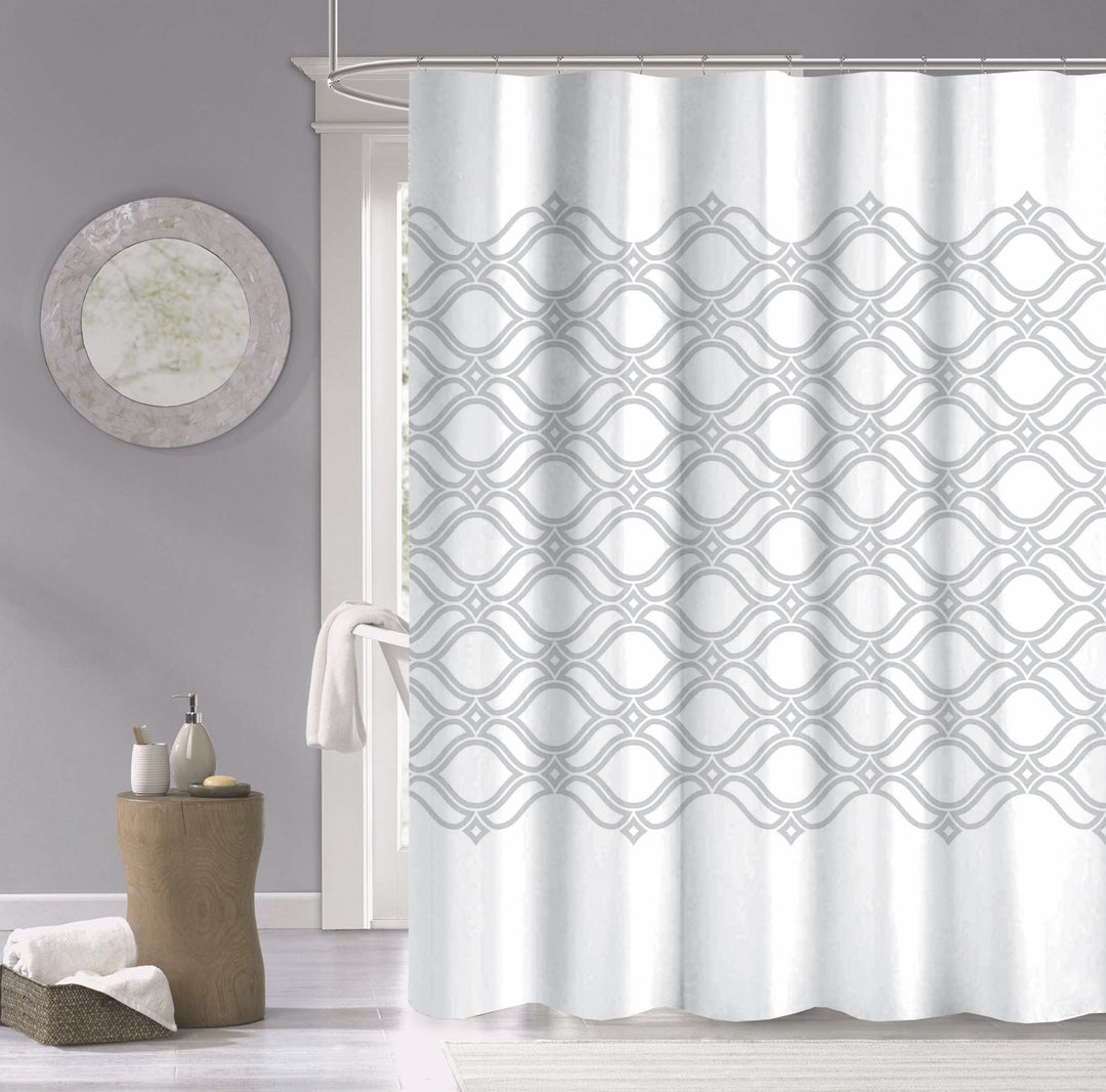 Silver and White Printed Lattice Shower Curtain