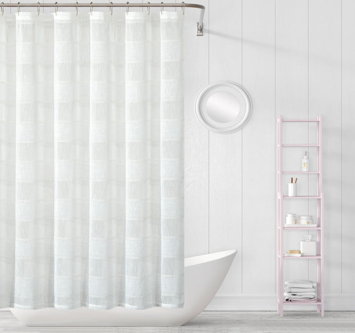 White Striped Embroidered Shower Curtain