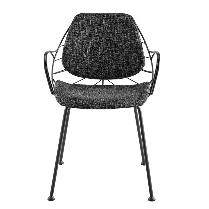 Set of Two Leaf Dark Gray Fabric and Black Dining Armchairs