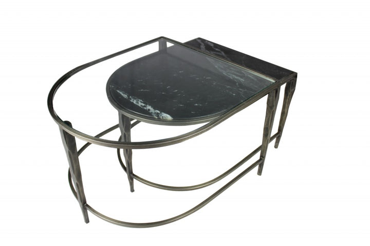 Set of 2 Black Marble Top and Glass Coffee Tables