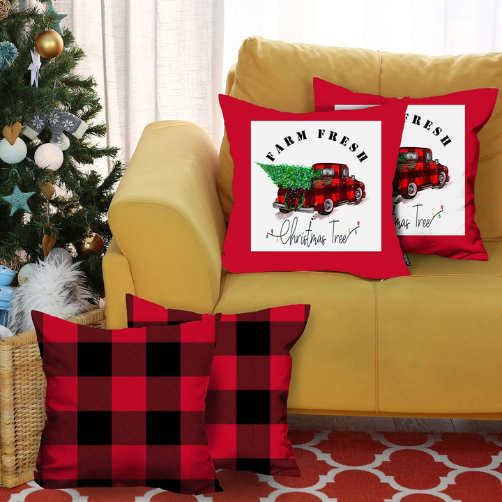 Set Of Four 18 X 18 Red And Black Plaid Zippered Polyester Christmas Tree Throw Pillow Cover