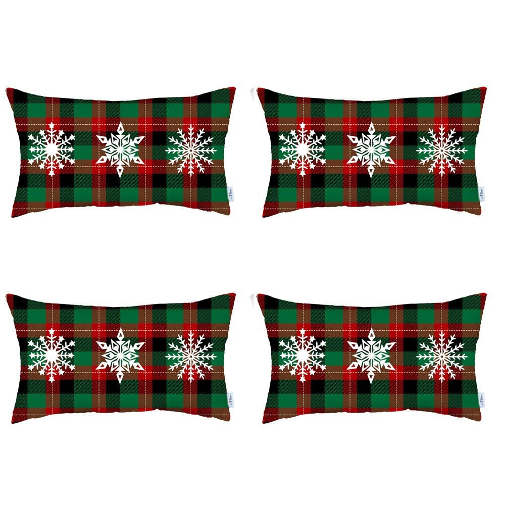 Set of 4 Christmas Snowflake Trio Plaid Lumbar Pillow Covers