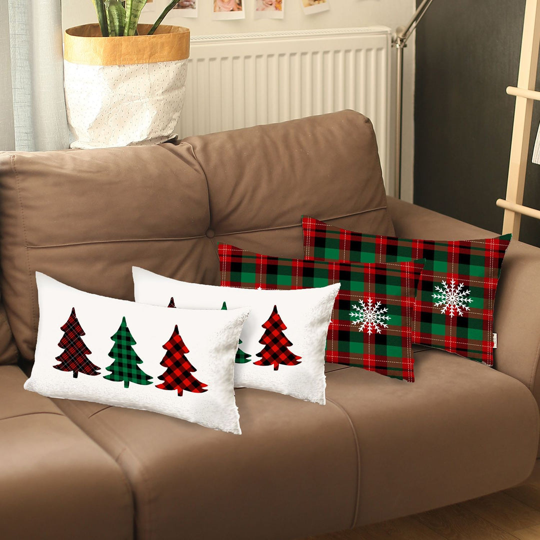 Set of 4 Christmas Plaid Lumbar Decorative Pillow Covers