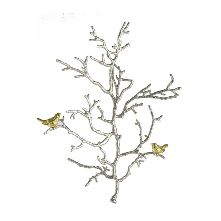 Modern 22" Silver Branch and Golden Birds Wall Art