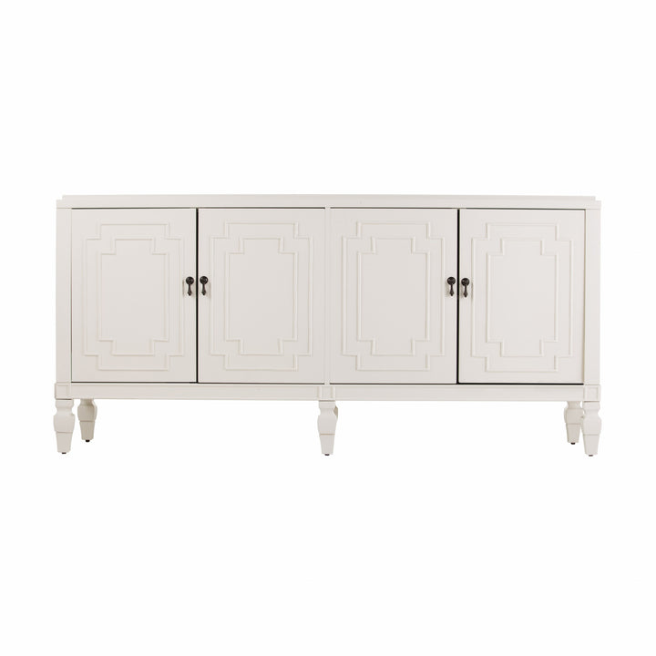 Antiqued White Geometric Lines Low Accent Cabinet Buffet