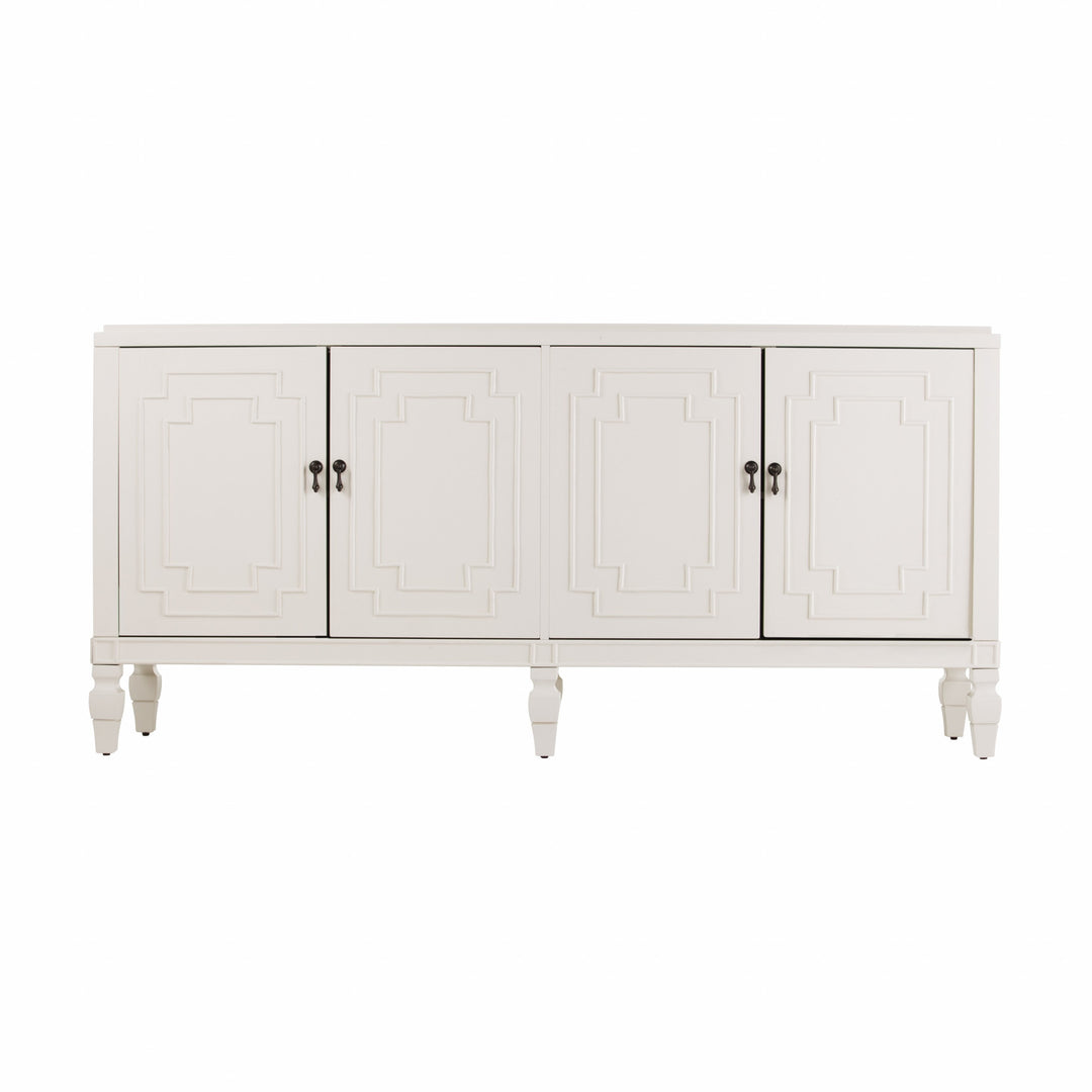 Antiqued White Geometric Lines Low Accent Cabinet Buffet