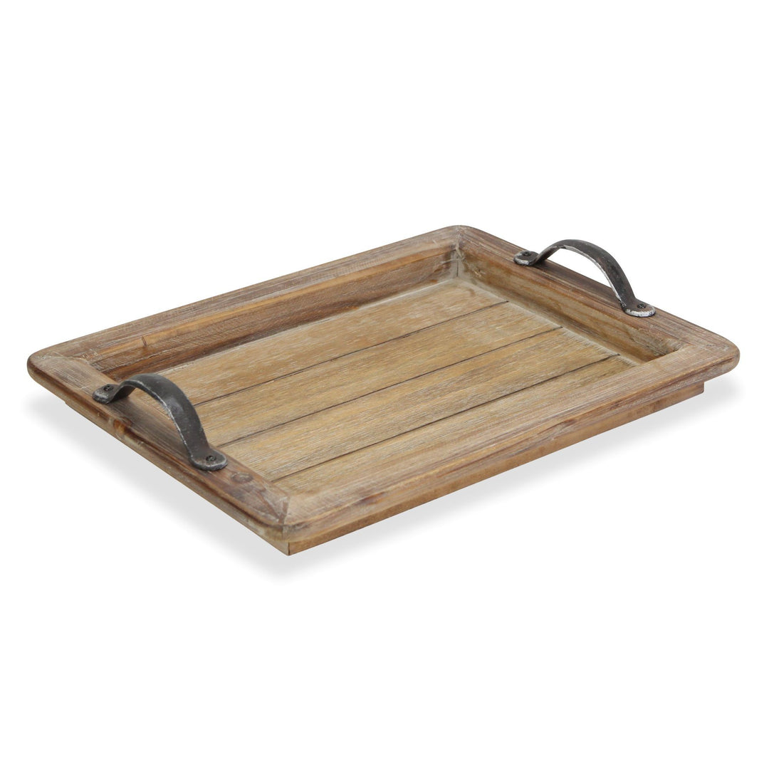 Wooden Paneled Tray with Metal Handles