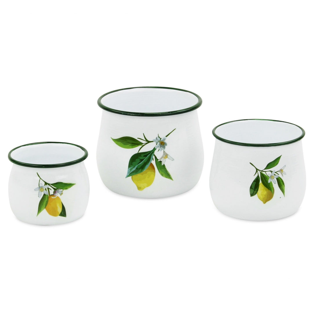 Set of 3 Lemon White Enamel Metal Canisters