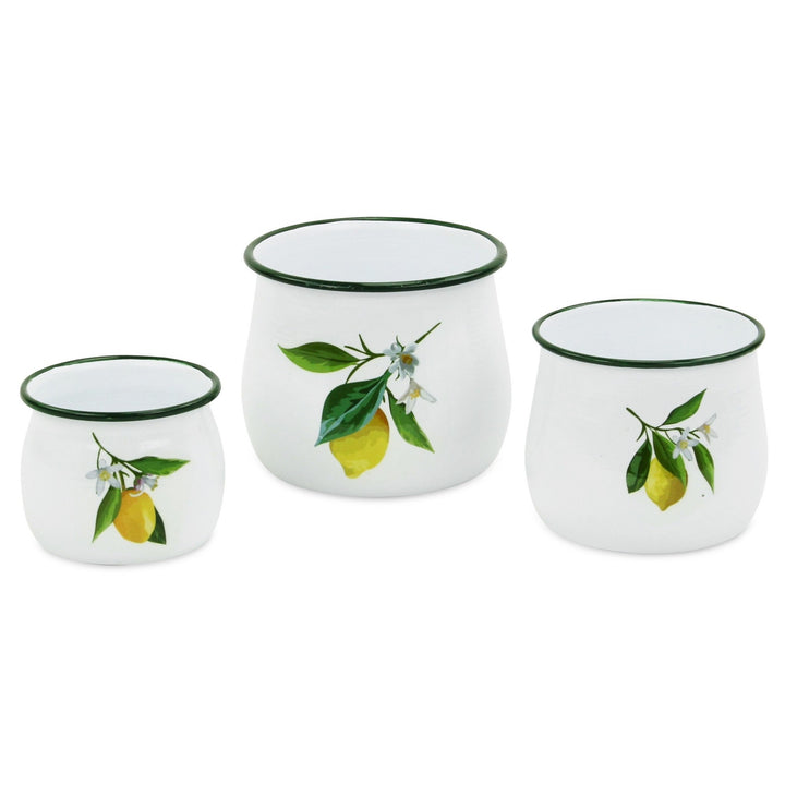 Set of 3 Lemon White Enamel Metal Canisters