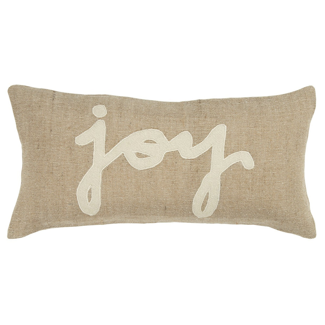 Tan Joy Felt Applique Burlap Lumbar Pillow