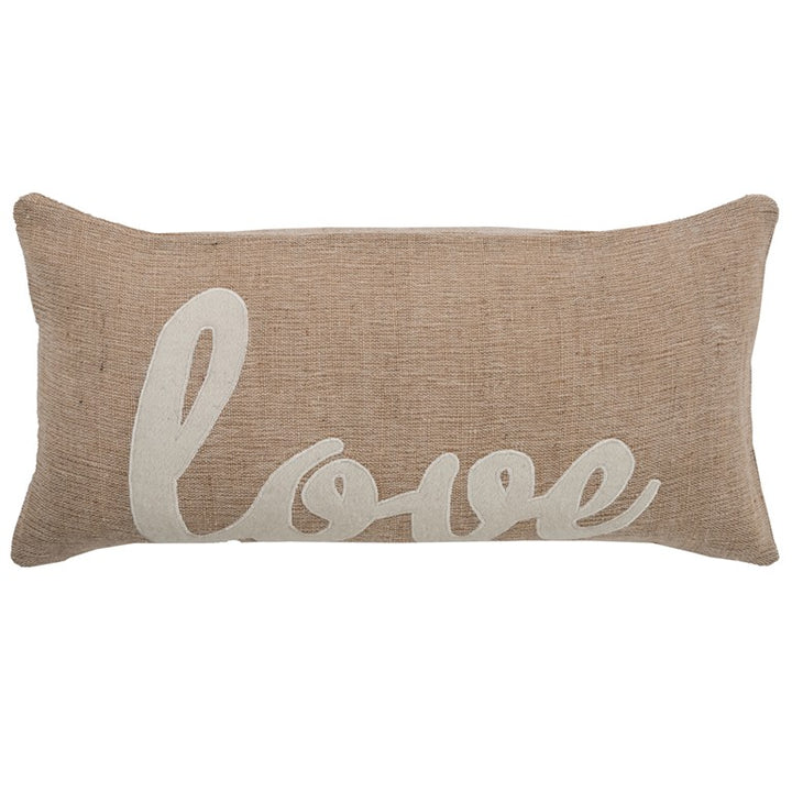 Tan Love Felt Applique Burlap Throw Pillow