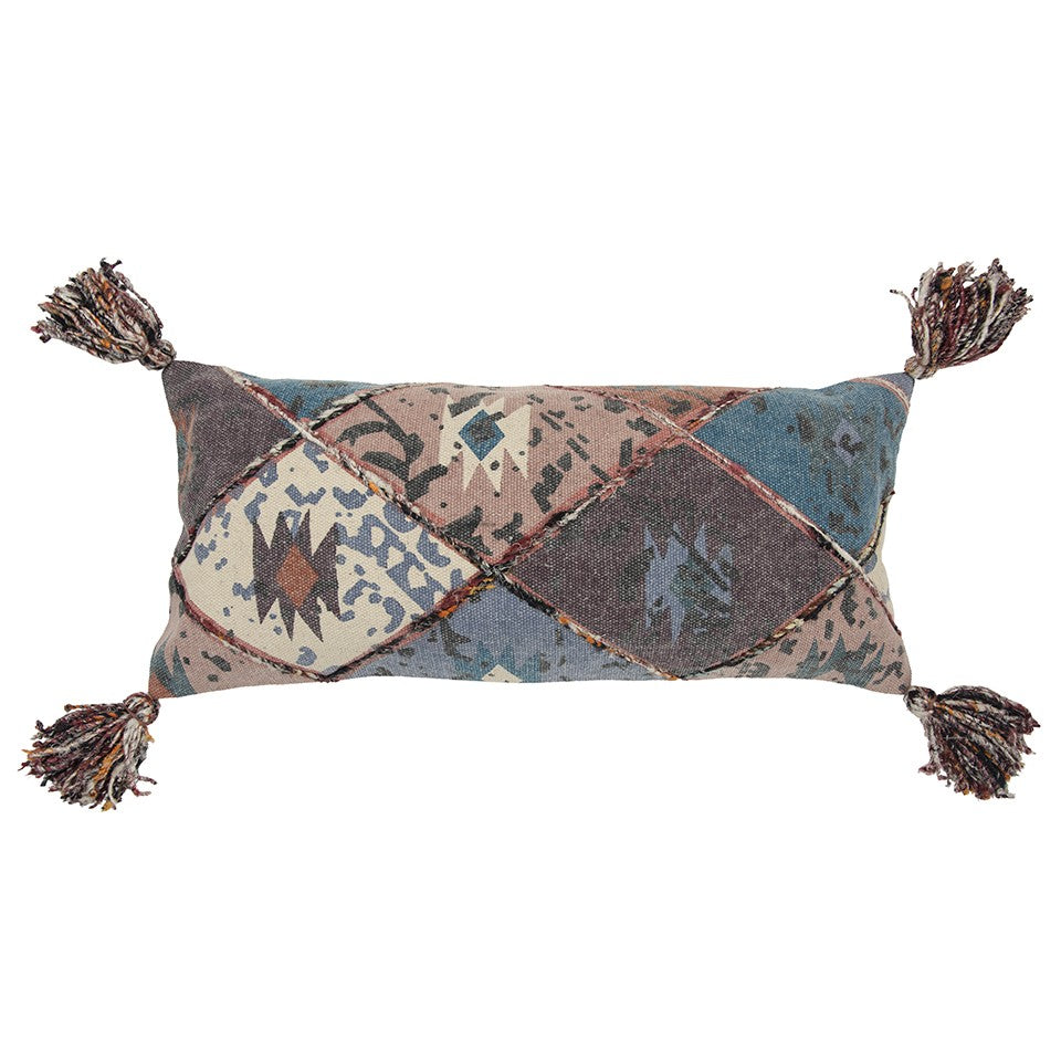 Teal Tan Tribal Corner Tasseled Lumbar Pillow